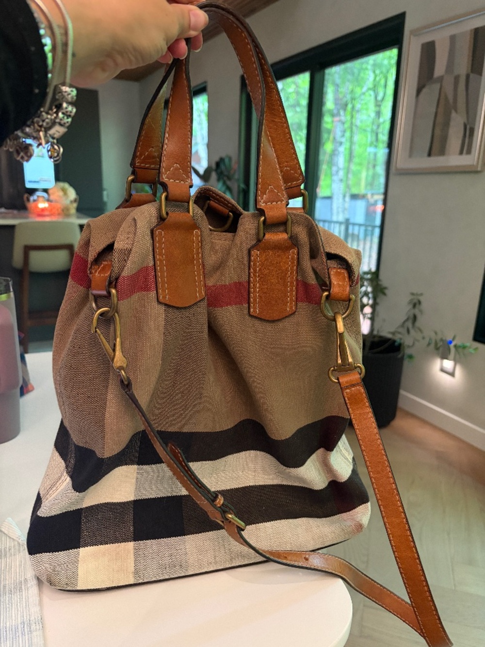 Burberry Nova Check Ashby Bucket Bag — Tan Leather Trim